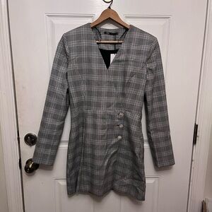 Zara Gray and White Sheath Dress Midi V-neck